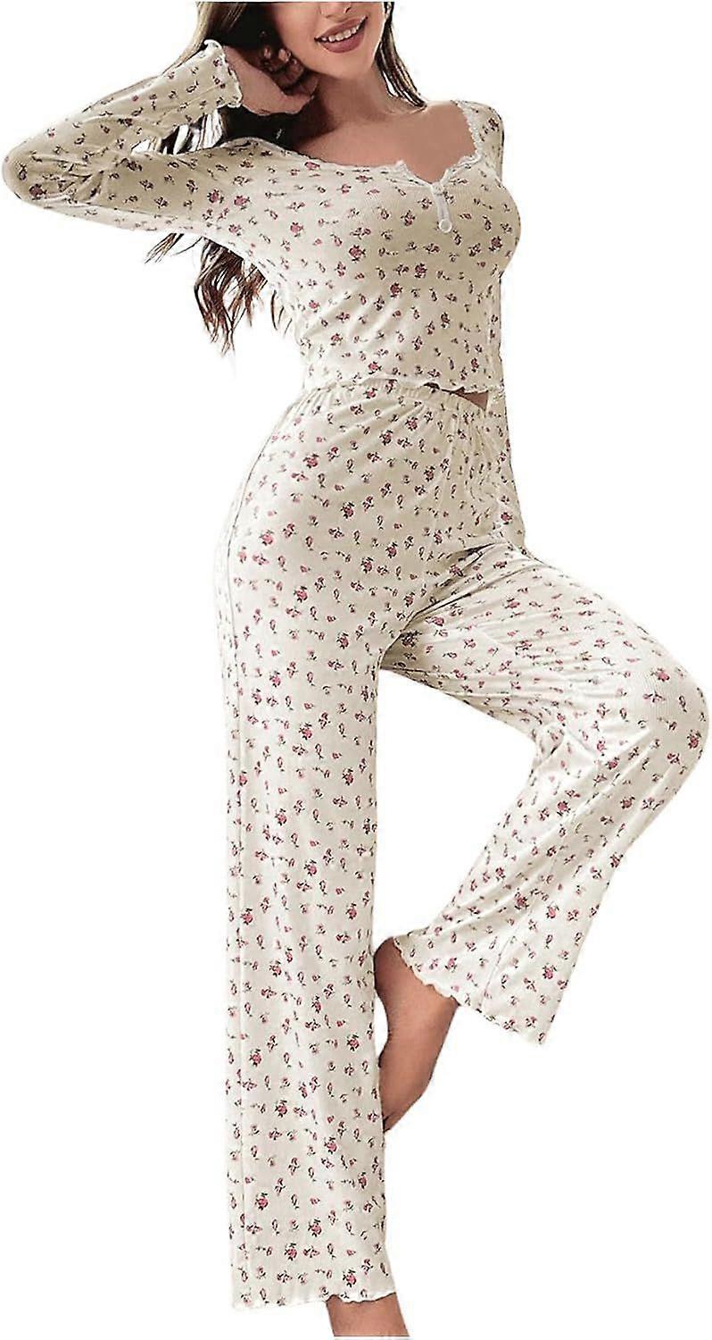 Ensemble pyjama 2 pièces pour femme, haut court à manches longues et pantalon côtelés à fleurs