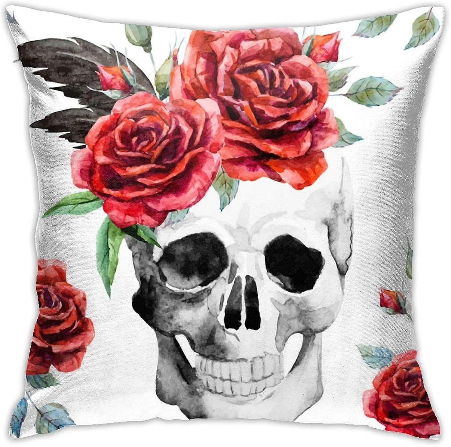 v159水彩スカルとバラのパターンスロー枕カバーホームデコレーションリビングルーム寝室のソファチェア18X18インチ枕カバー45X45cm -TB159 ij15