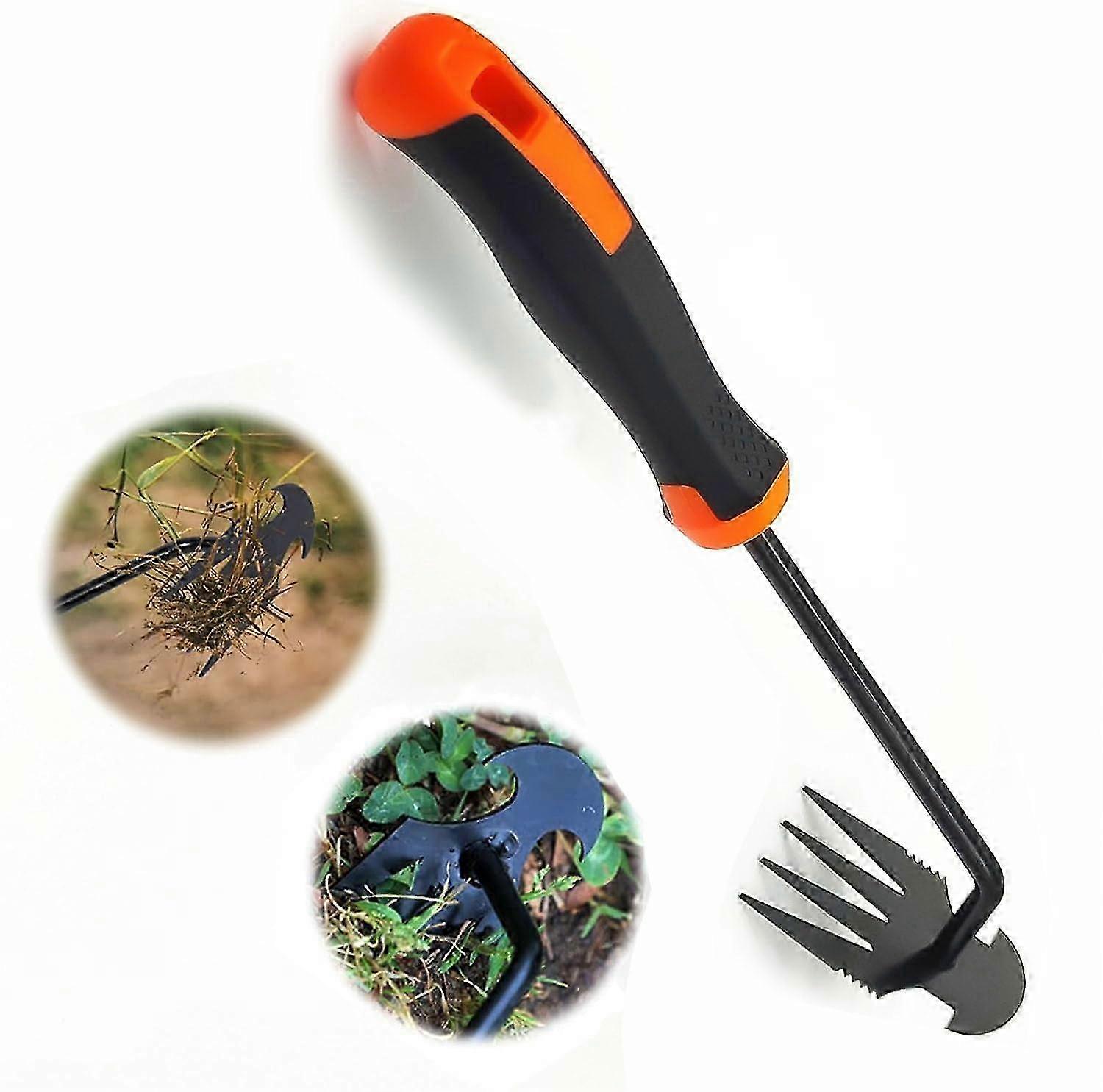 Weeder with Handle, 4 Teeth Dual Manual Weed Pulling Tool, Manganese Steel, Garden Weeding Tool, Black