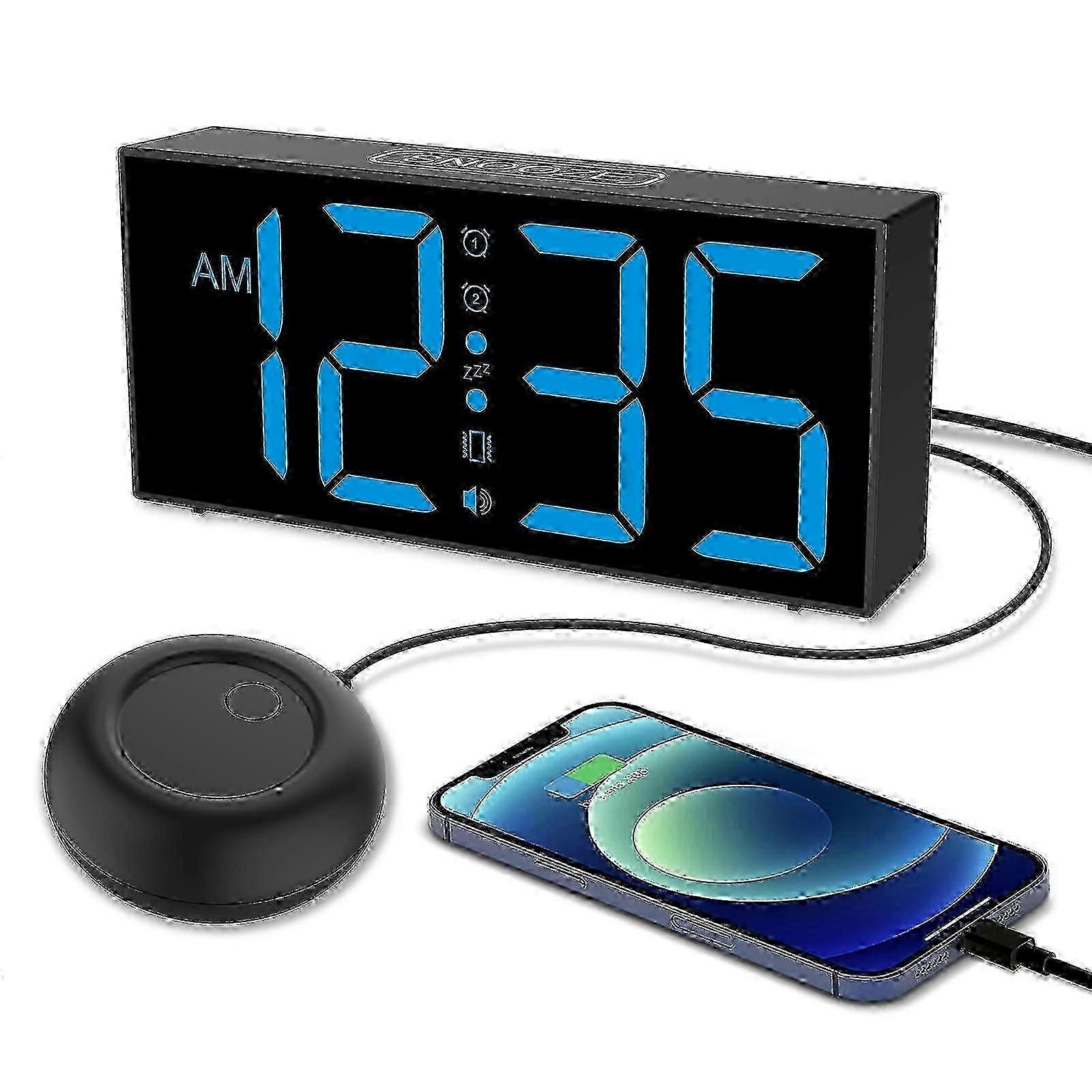 Vibrating clock for heavy sleepers with loud alarm in black & blue