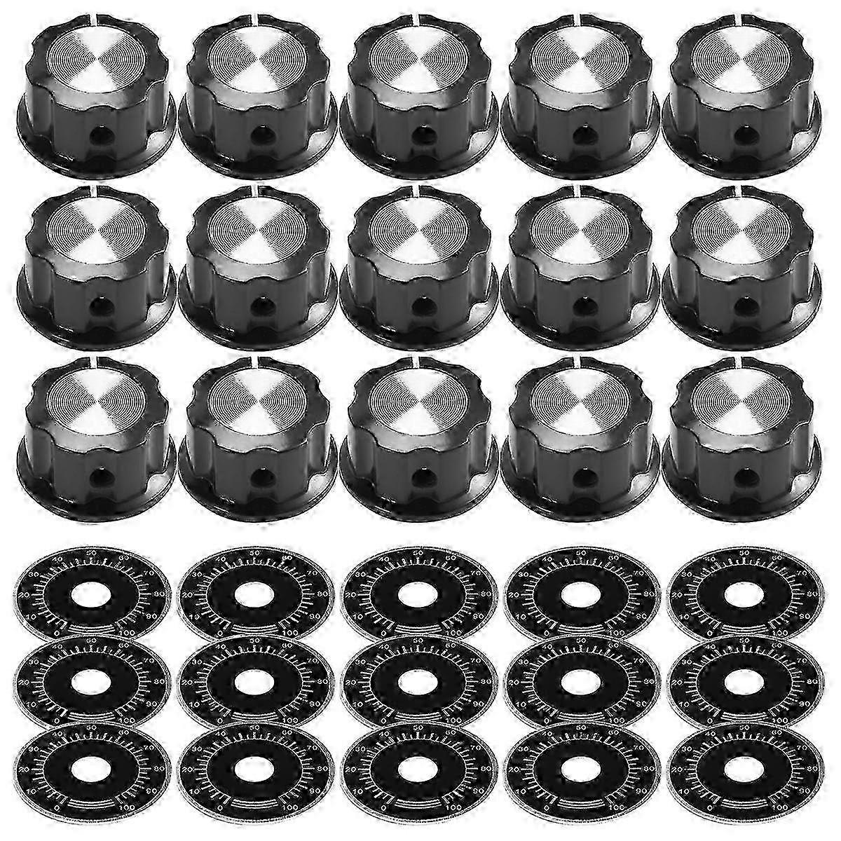15 Sets of A03 Potentiometer Control Knobs with 0-100 Scale Plates & Bakelite Knob Scale Plates for Digital Devices