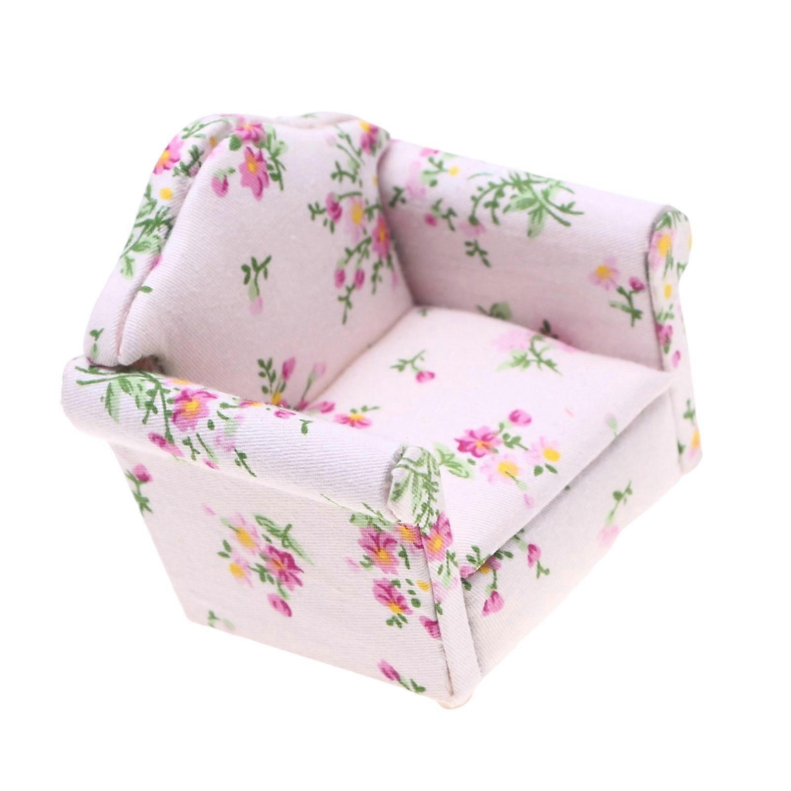 Doll House Wood Single Couch Figure With Flower Print Pattern Miniature Furniture Scene Display Accessory for Collector Multicolor