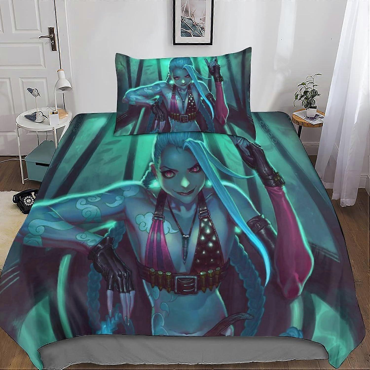 CAYBES League of Legends غطاء لحاف مجموعة الفراش غطاء لحاف مجموعة Jinx مع مجموعات الفراش عيد الميلاد المصنوعة من الألياف الدقيقة مع سحاب 3 قطع للبنين والبنات Si