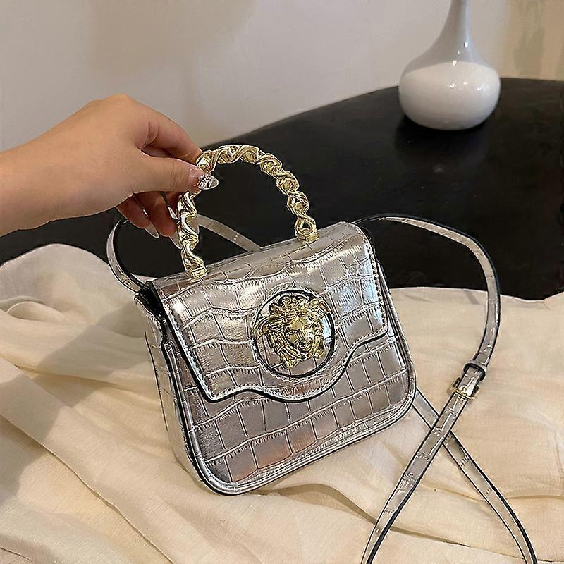 Mini Croc-Texture Crossbody Bag Gilded Medusa Logo PU Flap Magnetic Closure Chain Handle + Adjustable Strap for Daily Use