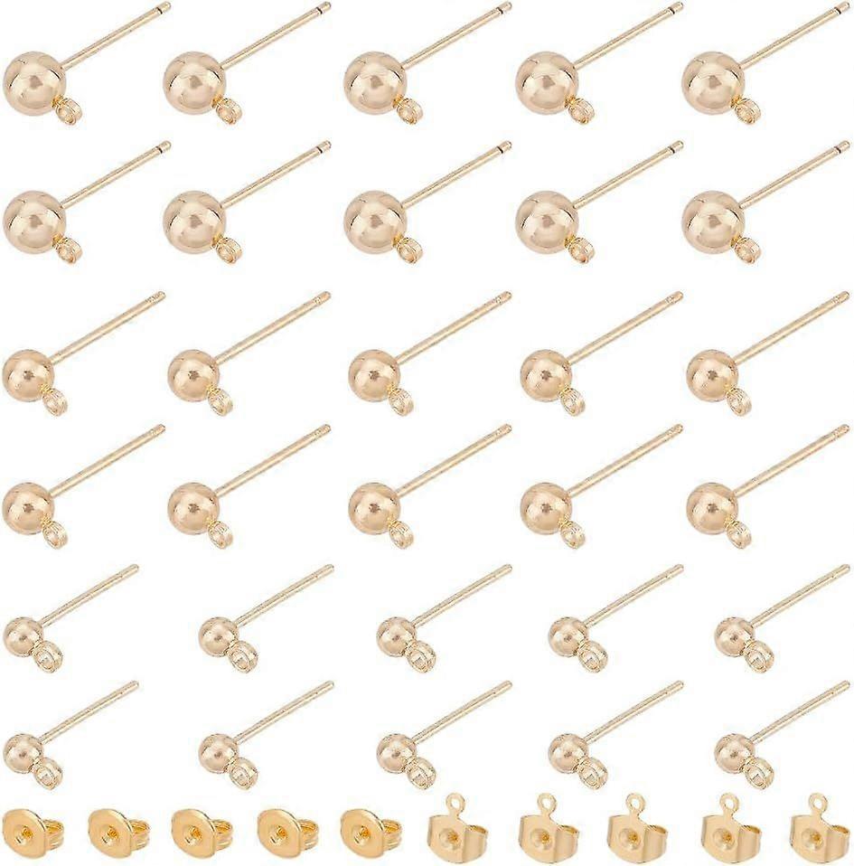 38 Pcs Earring Posts with Loops 3 Sizes Golden Brass Ball Earring Stud with 40 Pcs Friction Ear Nuts Replacements for Jewelry Earring Making Findings