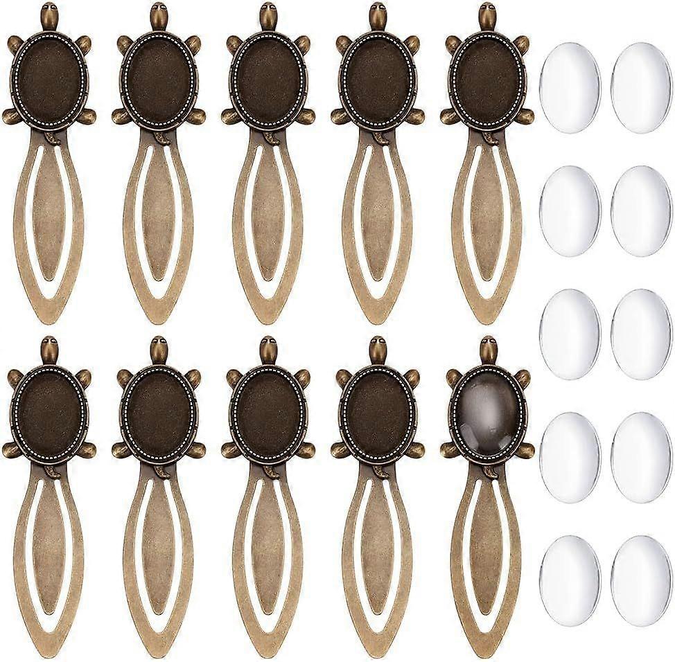 10 Sets Bookmarks Making Kit Turtle Cabochon Bezel Blanks Vintage Style Alloy Bronze Turtle Bookmark Pendant Trays Kit Clear Glass Cabochons Settings 