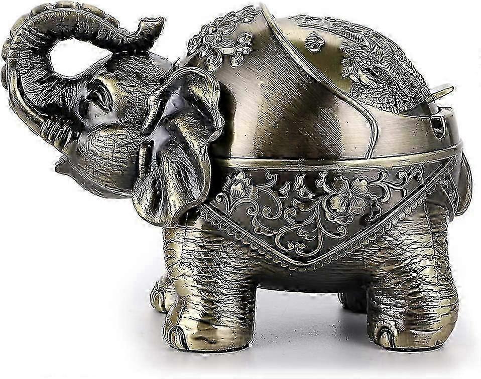 Elephant Windproof Ashtray with Cover, Bronze Metal Tabletop Ashtray