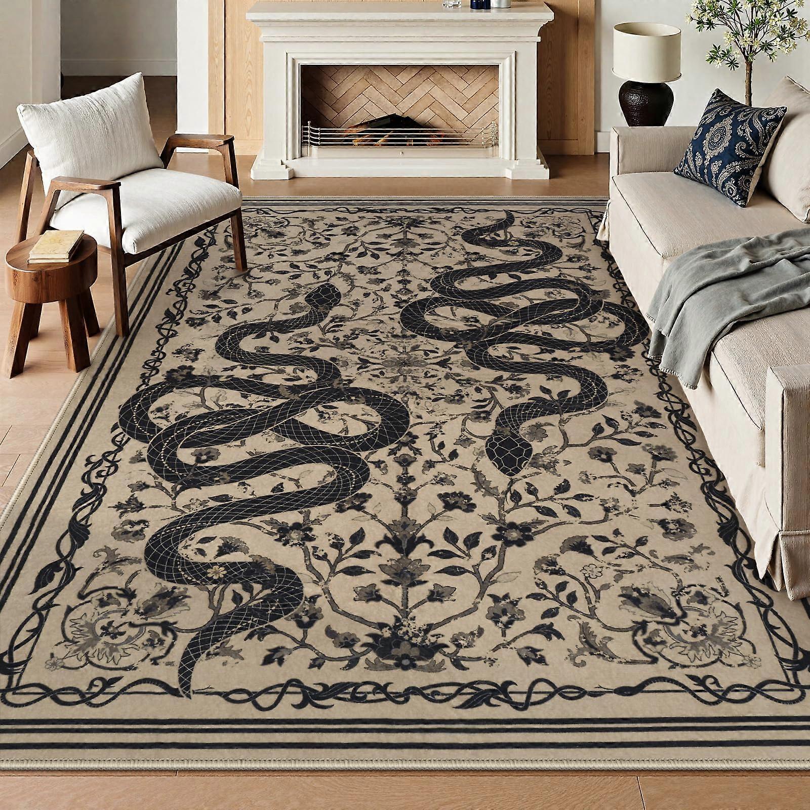 5x7 Machine Washable Area Rug with Non Slip Backing, Snake Print Low Pile Living Room Carpet Taupe