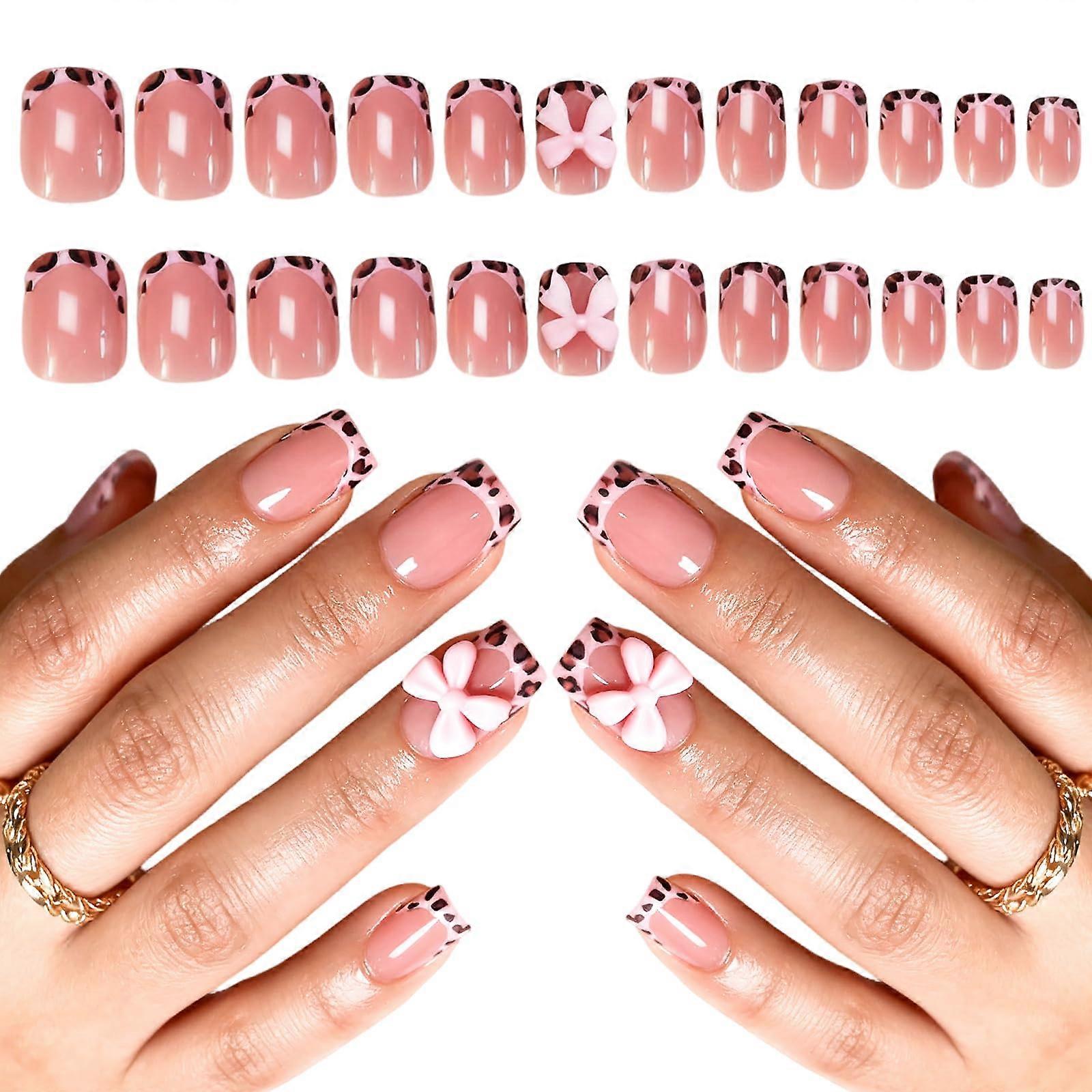 24PCS Pink Leopard Print Press On Nails with Cute 3D Bow, Short Square False Nail Set