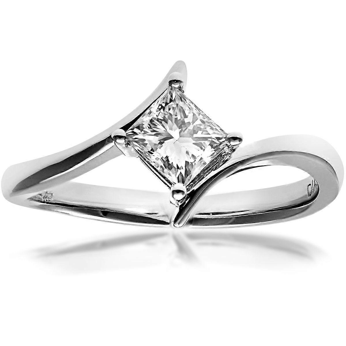 Jewelco London 18ct White Gold Princess 1/2ct Diamond Crossover Solitaire Engagement Ring