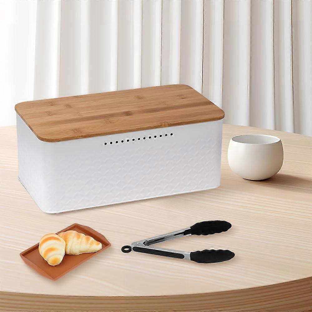 White Bread Box with Bamboo Cutting Board Lid, Kitchen Bread Storage Bin with Food Tong
