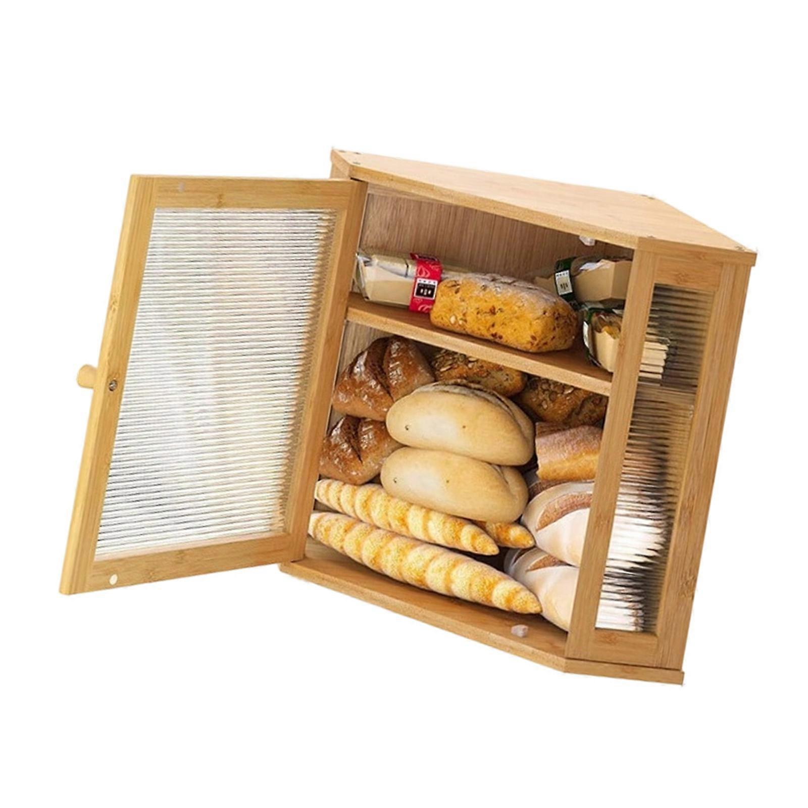 Modern 2 Level Bread Holder With Patterned Acrylic Panel And Solid Wood Structure  Wood color