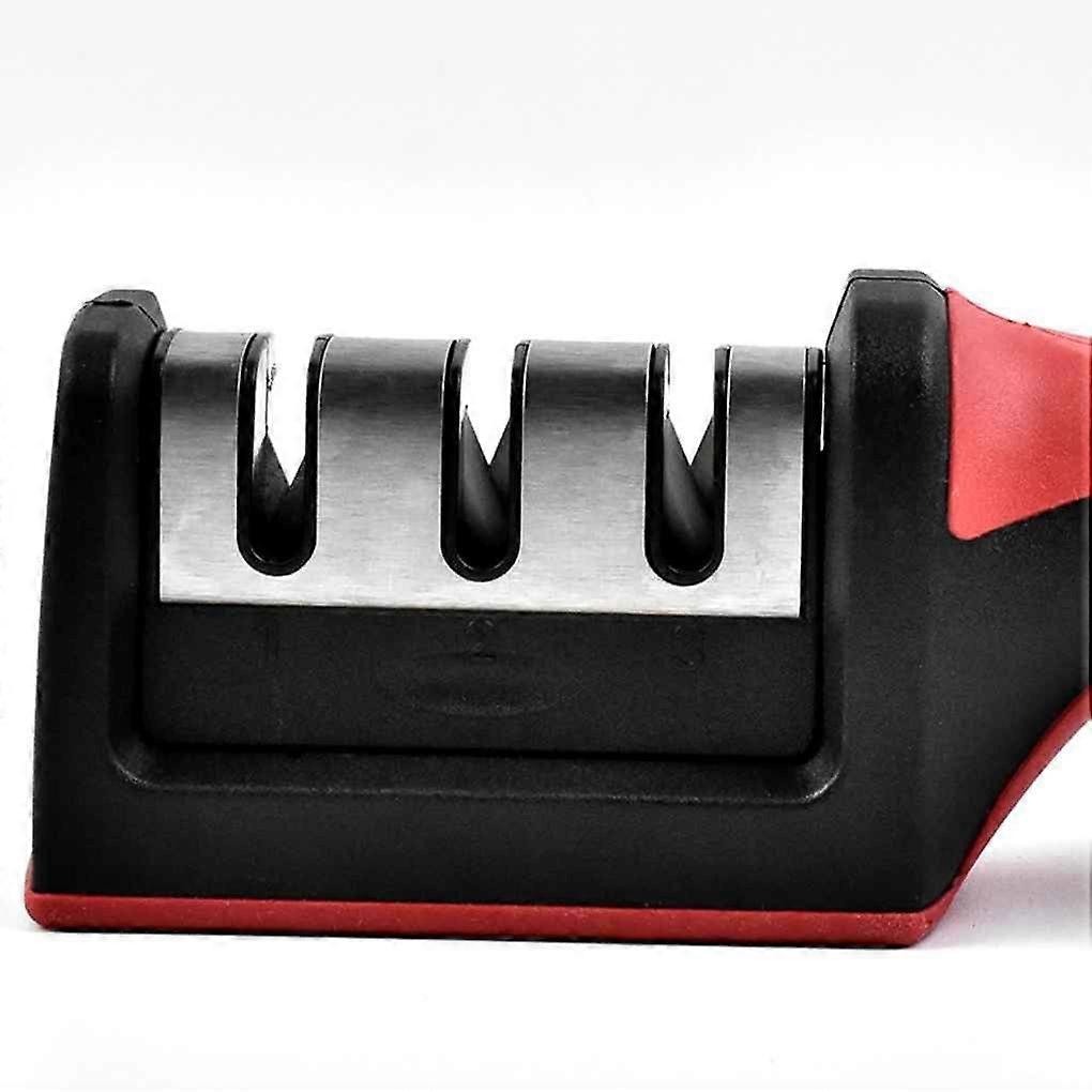 Three-section ceramic knife sharpener with diamond whetstone for kitchen use.