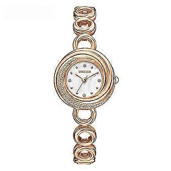 Relógio feminino MOKAGO em ouro rosa com diamantes - Mostrador elegante com pérolas e pulseira de elos - Relógio estiloso para entusiastas da moda.