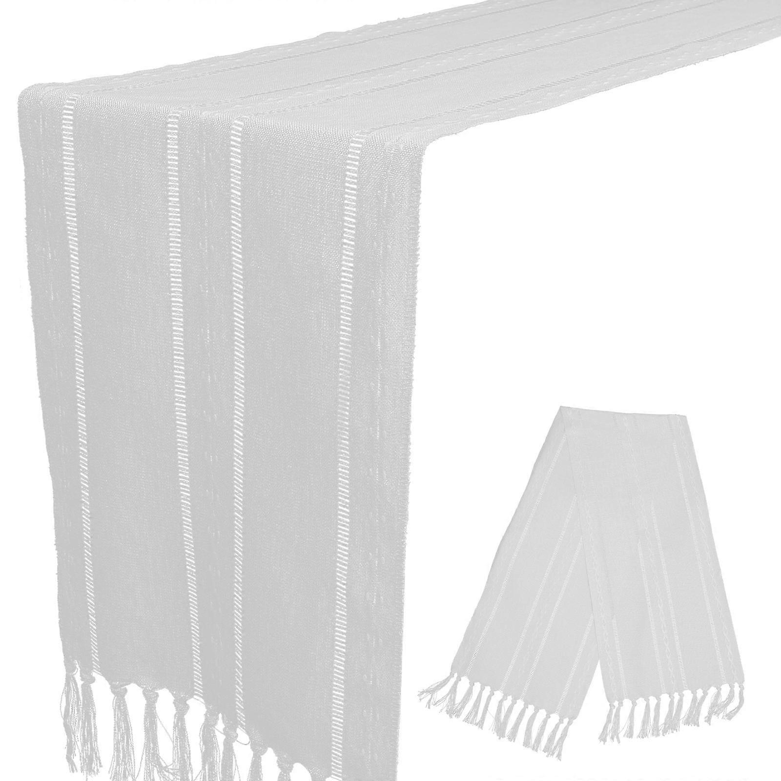 White Tassel Table Runner for Dining Table 2Pcs Simple Style Tablecloth