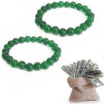 2 Pcs Lucky Wealth Bracelets. 8mm Green Agate Stone Beads Chinese Feng Shui