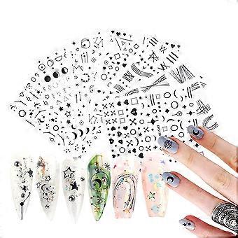 7 Blatt Black Stars Moons Line Nagelaufkleber, 3D Black Star Arc Mond Geometrische Linie Liebe Herz selbstklebende Design Nagel Aufkleber für Acrylnägel, DI