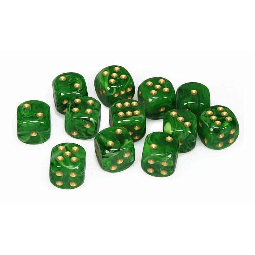GREEN/GOLD Officially Licensed Sharp-edged Unique D6 Dice Vortex 16mm (12 Dice)