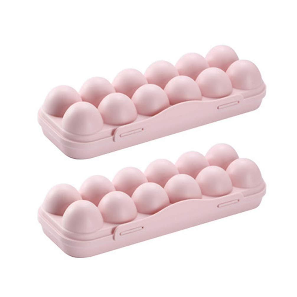 Pack of 2 Fridge Egg Holder Tray Plastic 12 Egg Cases Storage Box Egg Container Egg Tray with Lid (Pink)