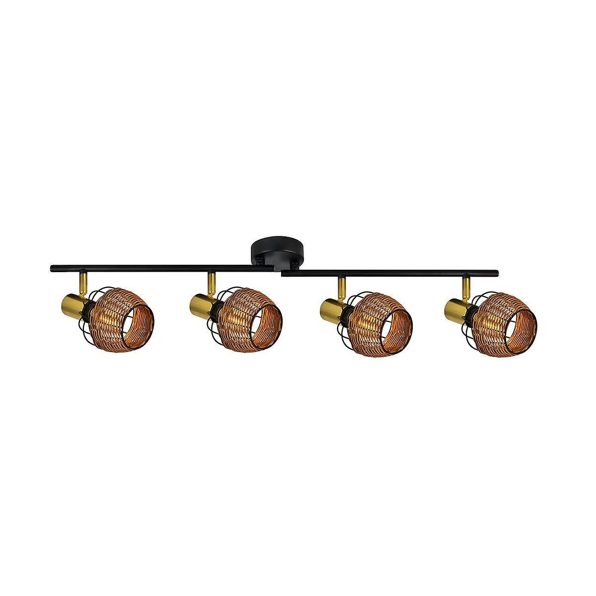 Copa Ceiling Spotlight Bar, Black, Gold, Rattan, 4x E14