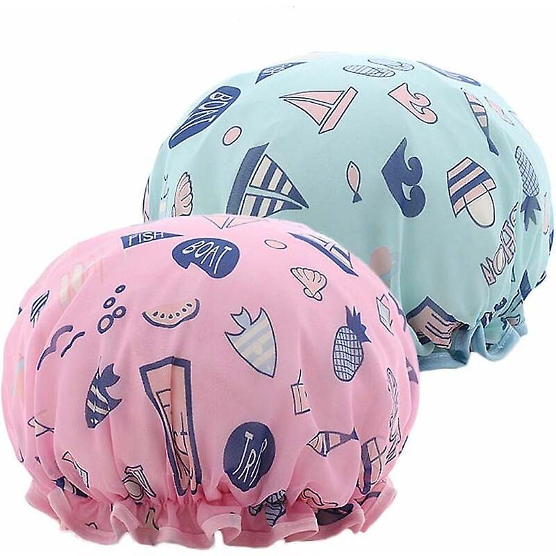2 Women's Double Layer Waterproof Shower Caps (Fish)