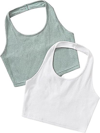 Women's 2 Pack Basic Rib Knit Crop Halter Top Sleeveless Vest(large)