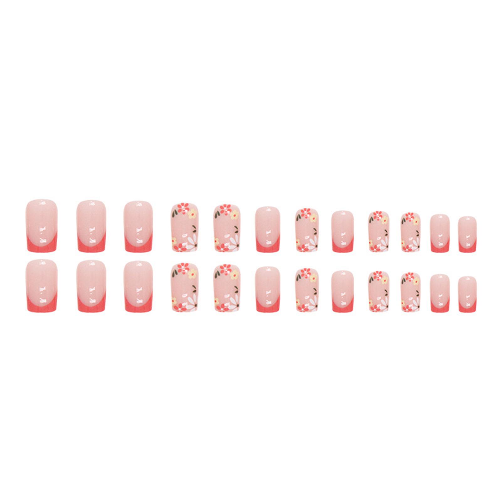Flower Printed Glossy Pink False Nails Long Lasting Safe Material Waterproof False Nails