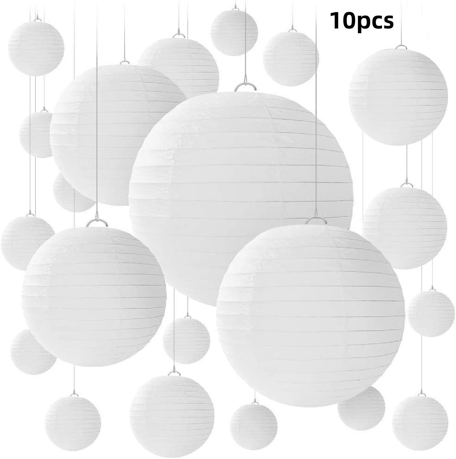 20 Pcs/10pcs White Round Paper Lanterns With Wire Ribbing, Different Sizes