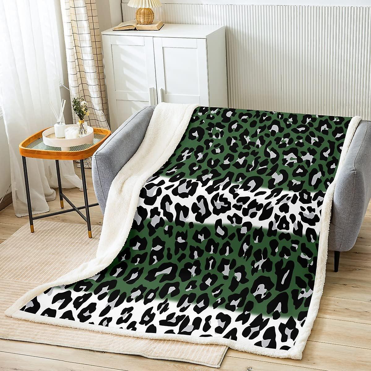 Leopard Fleece Throw Blanket for Bed Sofa Green Safari Cheetah Plush Blanket Splicing Geometry Stripe Sherpa Blanket Warm Fuzzy Blanket Double