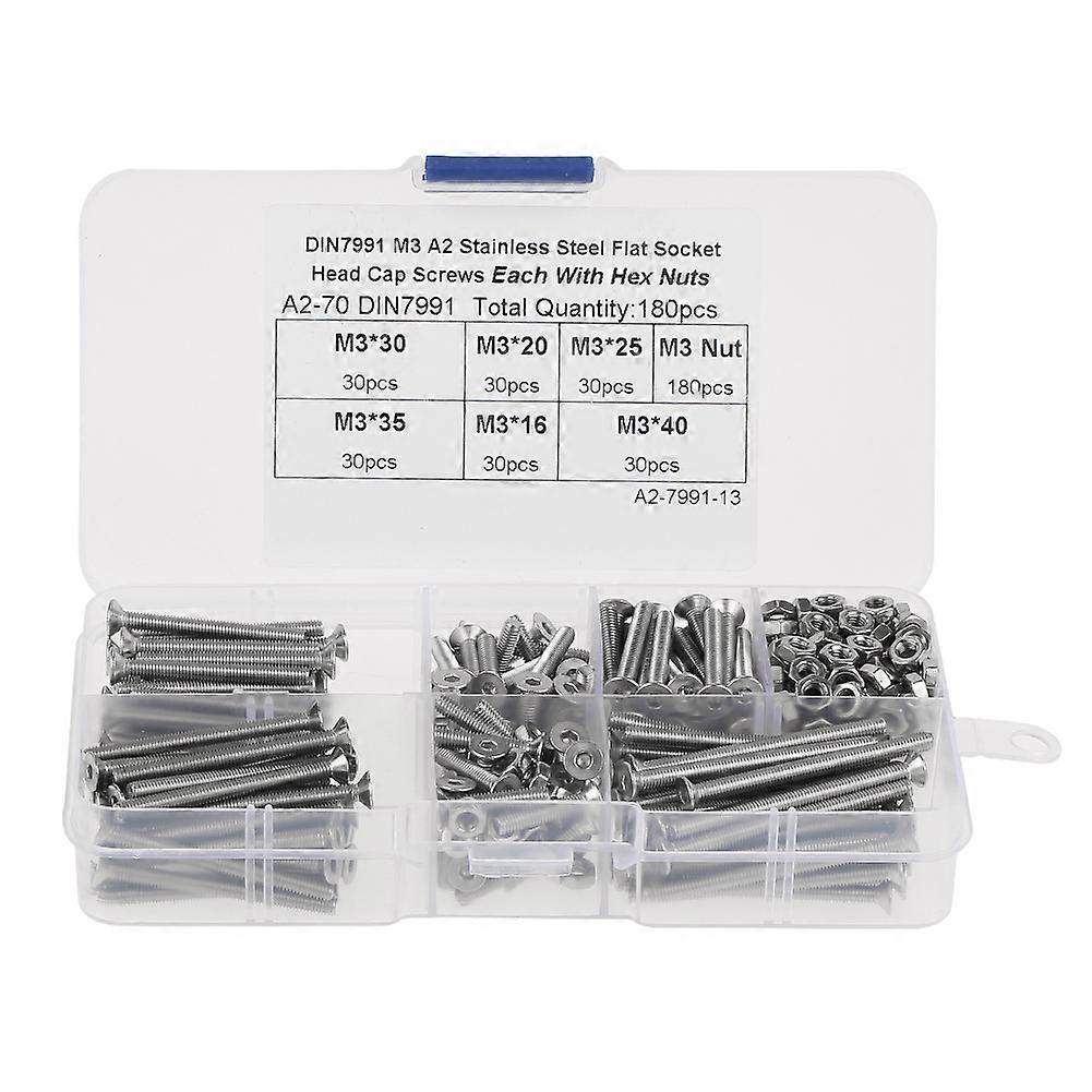 Stainless Steel M3 Hex Socket Flat Head Screws 180pcs Fasteners Set