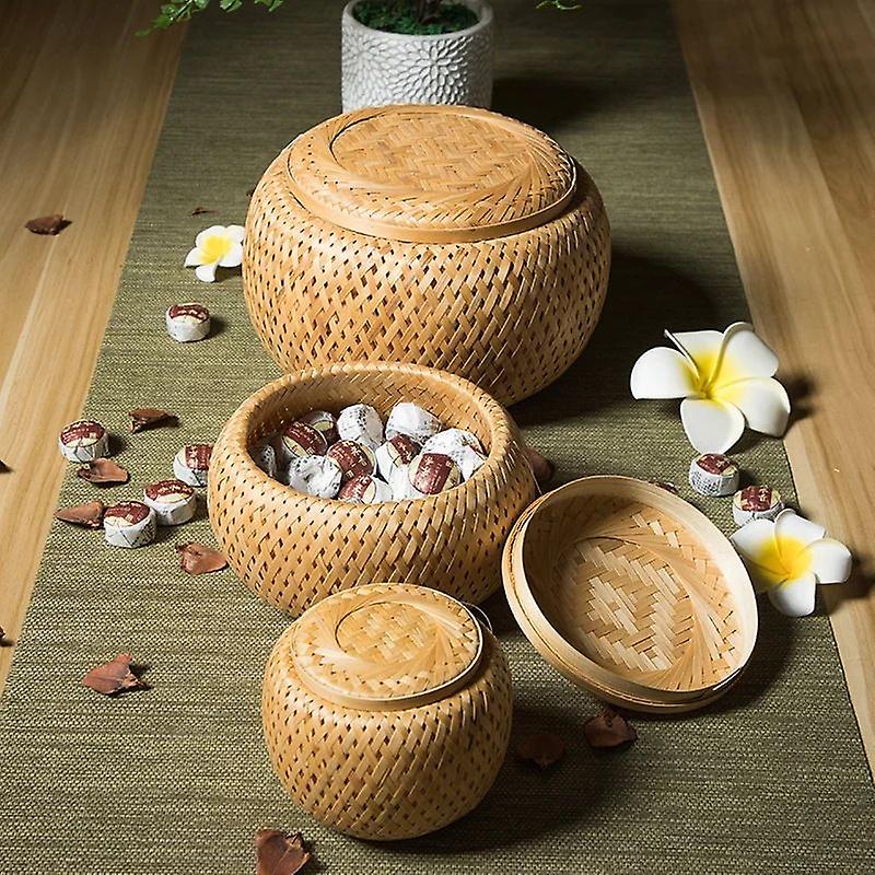 1pc bambu útil bambu tecido cesta de camada dupla com tampa cesta de armazenamento