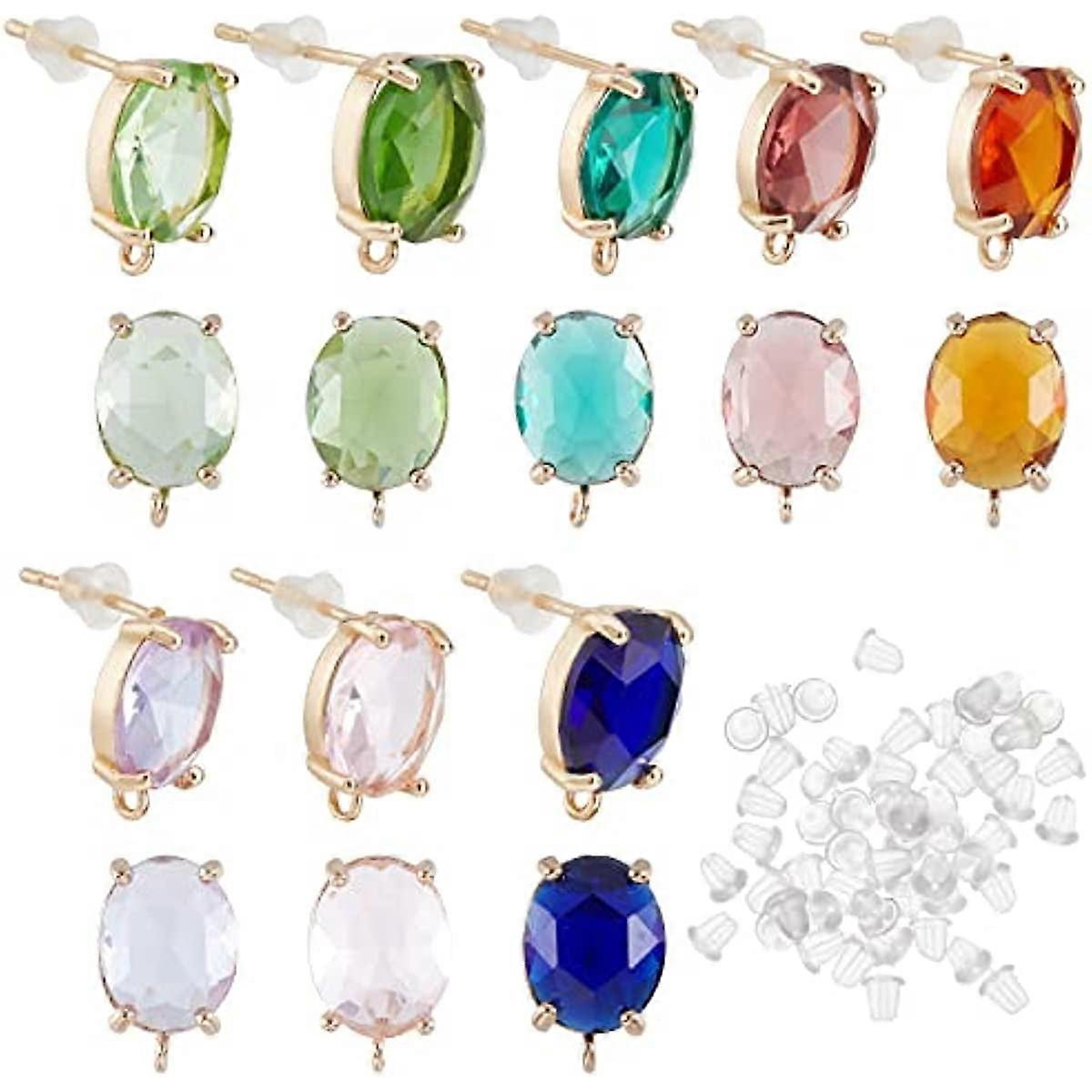 16Pcs 8 Colors Brass Stud Earring Findings with Glass Gold CZ Earring Findings Oval Ear Piercing Plugs with Loop for Dangle Earring Jewelry Making Hol