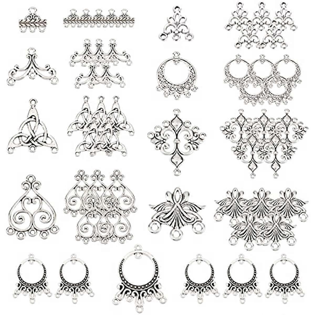 1 Box 54Pcs 9 Style Chandelier Connector Charms Component Links Alloy Hollow Filigree Pendants Flat Round Teardrop Triangle Shape for Jewelry Making E