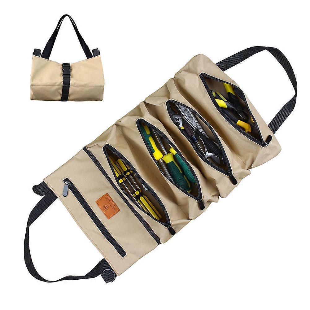 Canvas Roll-up Tool Bag, Multi-purpose Tool Roll Pouch Tool Organizer With 5 Zipper Pockets Carrier Bag For Car Motorcycle Storaging Wrenches, S
