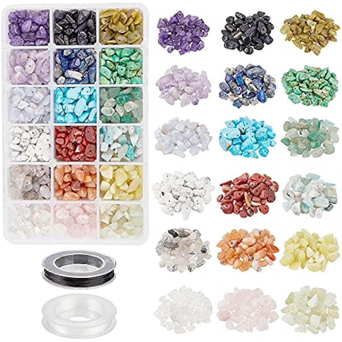 1 Box Crystal Chips Beads 18 Materials Chips rregular Beads Natural Gemstones Beads with 2 Rolls Elastic Thread for Jewelry Making DIY Crafts About 5~