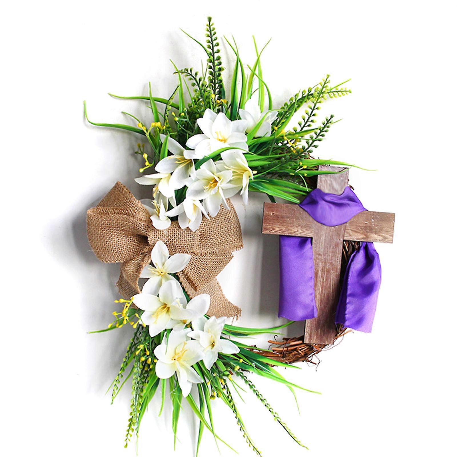 弓花輪ホリデーデコレーションハンギングデコレーションドアハンギング籐リースとイースタークロスリース