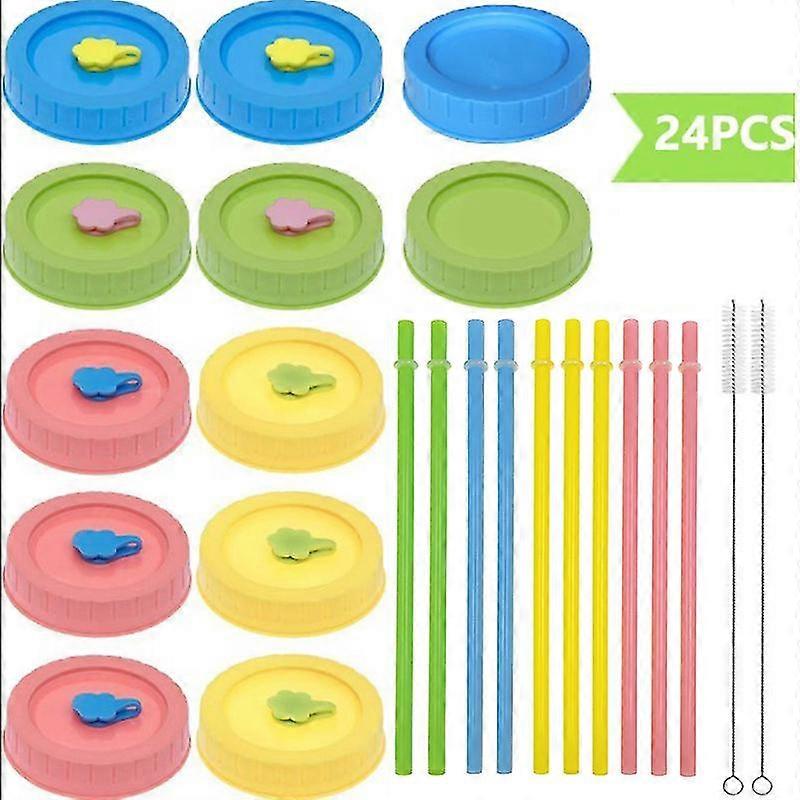 Plastic Mason Jar Lids With Straw Hole, 24pcs Mason Jar Lids Set For Drinking And Storage