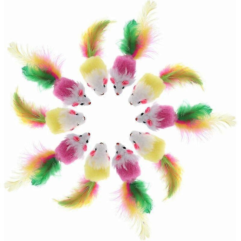 10 PCS Furry Mouse Pet Cat Toy, Mouse Toy Cat Catcher Toy with Feather (Random Color)