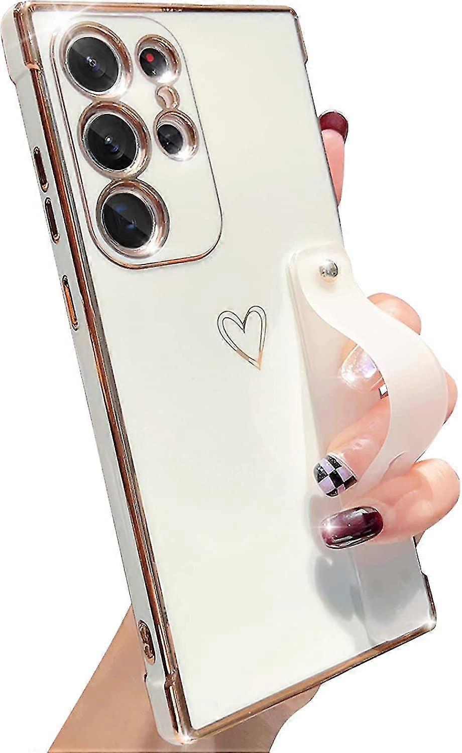 Cute Heart Pattern Tpu Plating Case Compatible With Galaxy S23 Ultra, With Adjustable Wrist Strap White