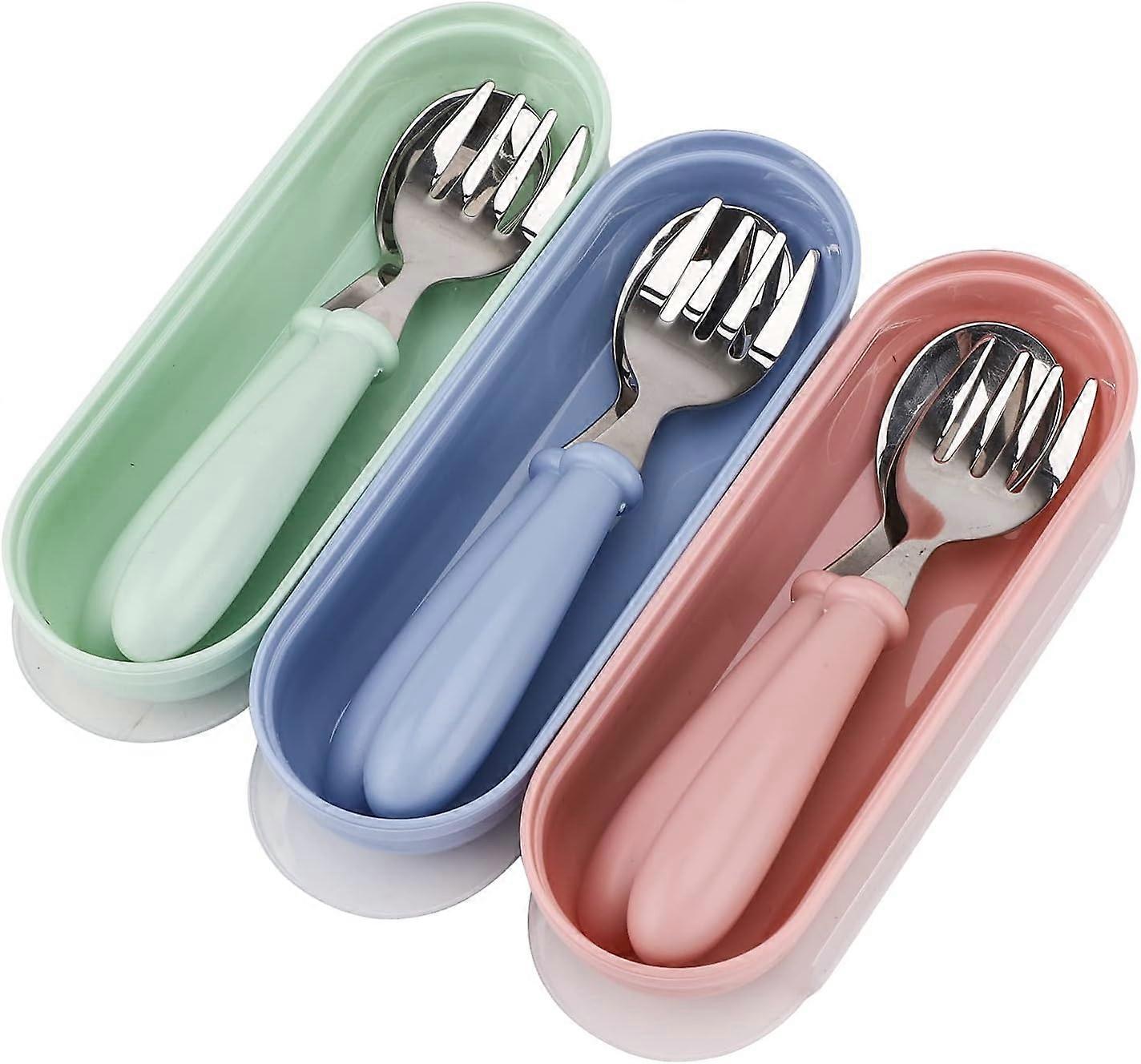 Baby Fork and Spoon 3 Set,Toddler Utensils Spoons Forks Tableware Set with Travel Safe Carry Case