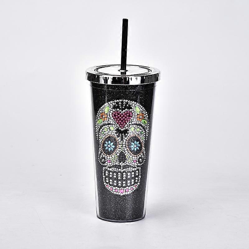 Double-layer plastic straw cup diamond creative skull water cup halloween large-capacity drink cup