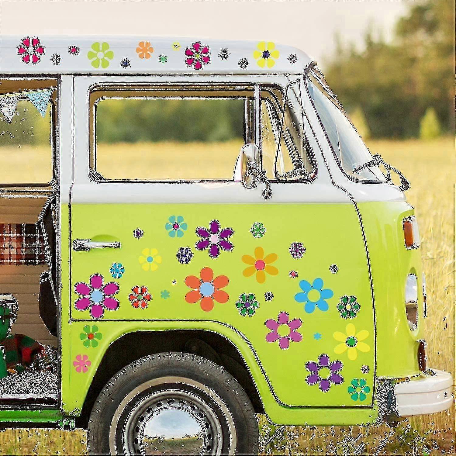 96 piese de flori auto Autocolante 60's Hippie Tematica Partidul Autocolante multicolore Daisy Autocolante vinil retro flori Decals colorate Hippie Decals floare W