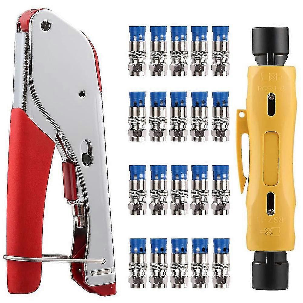 Coax Cable Crimper Coaxial Rg6 Compression Tool Kit With 20pcs F Rg6 Connectors, Double Ended Coax