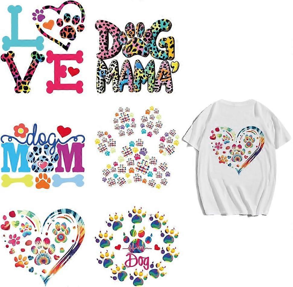 6 Pcs Iron on Decals Patches 6 Sizes Pet Paw Prints Iron on Stickers Colorful Leopard Print Heat Transfer Stickers Bone Dog Washable Patches for DIY C