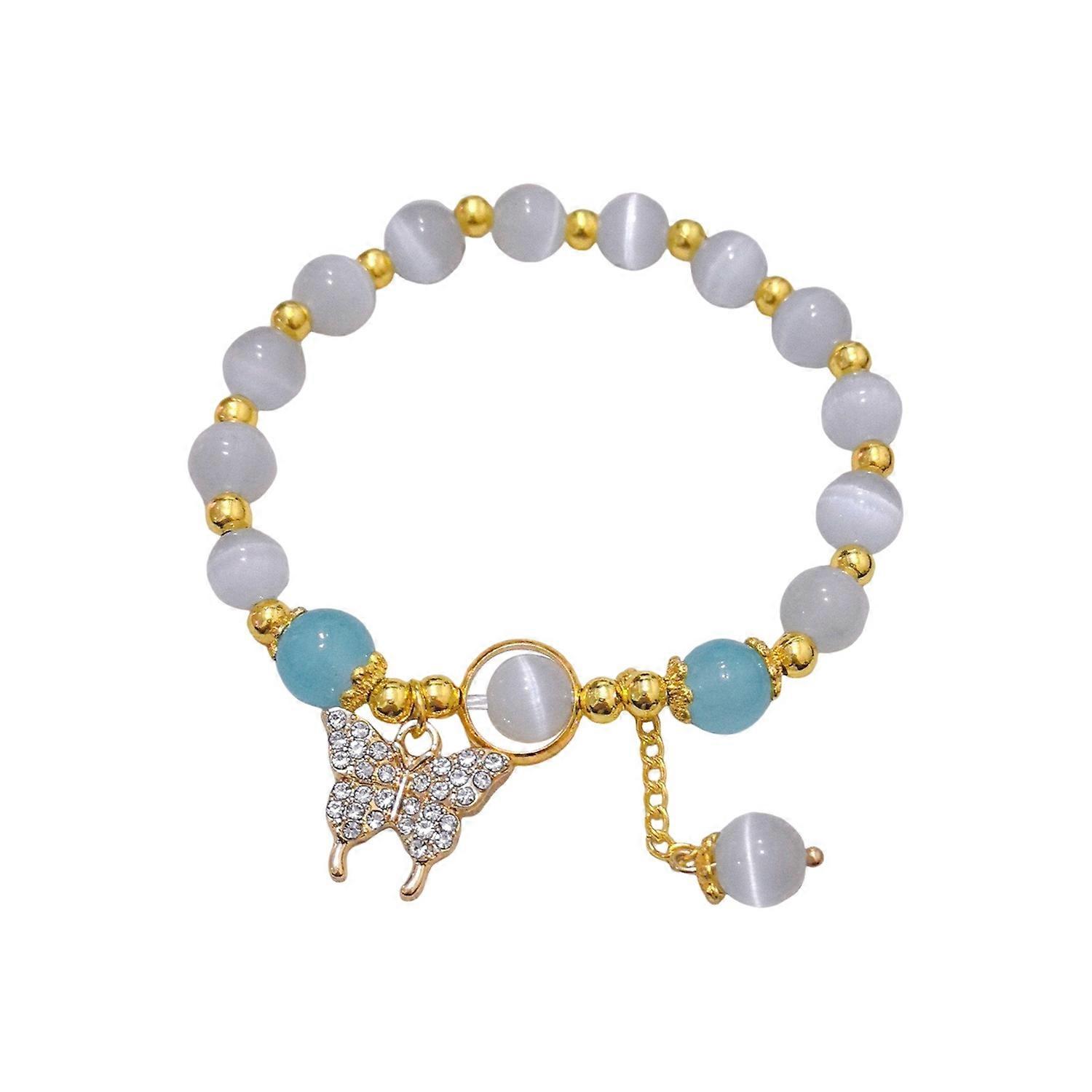 Women Bracelet with Elastic Cord Butterfly Pendant Tassel Faux Opal Contrast Color Good Fortune