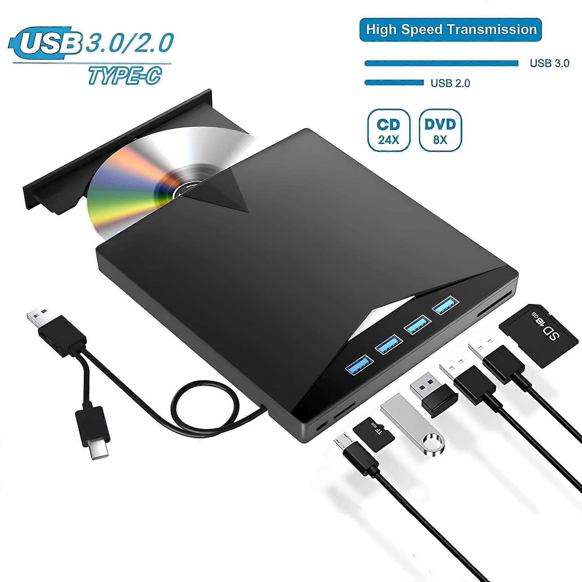 External CD DVD Drive for Laptop, [7 in 1] USB 3.0 Type-C External DVD Player Portable CD/DVD ROM Burner with TF/SD Card Slots, Optical Disk Drive