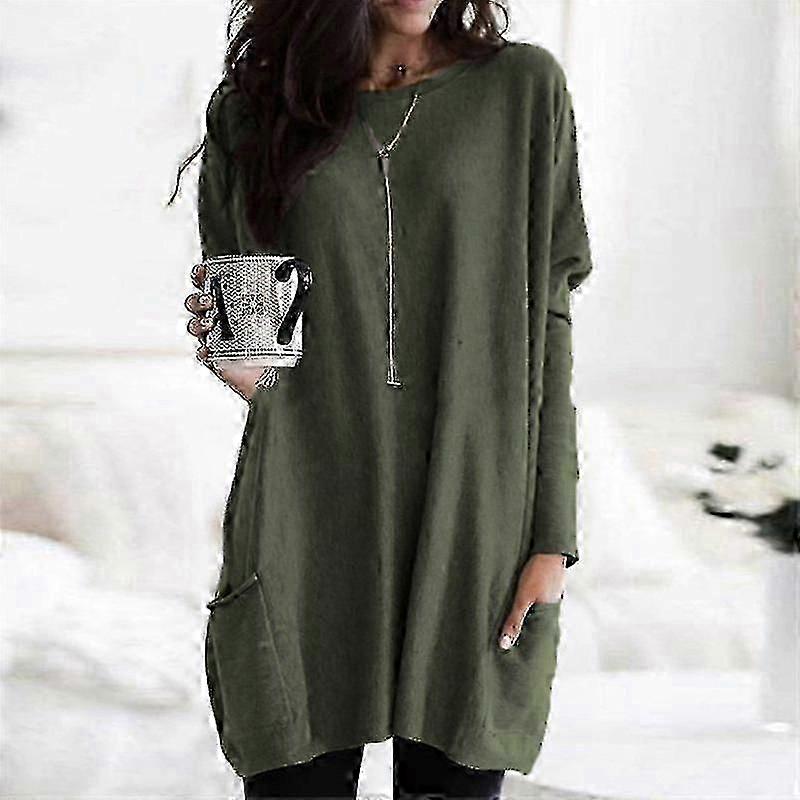 المرأة زائد الحجم طويل الأكمام تونيك قمم Crewneck خفيفة الوزن قميص من النوع الثقيل عارضة قمصان كبيرة الحجم مع جيوب (S-5X)-Yvan