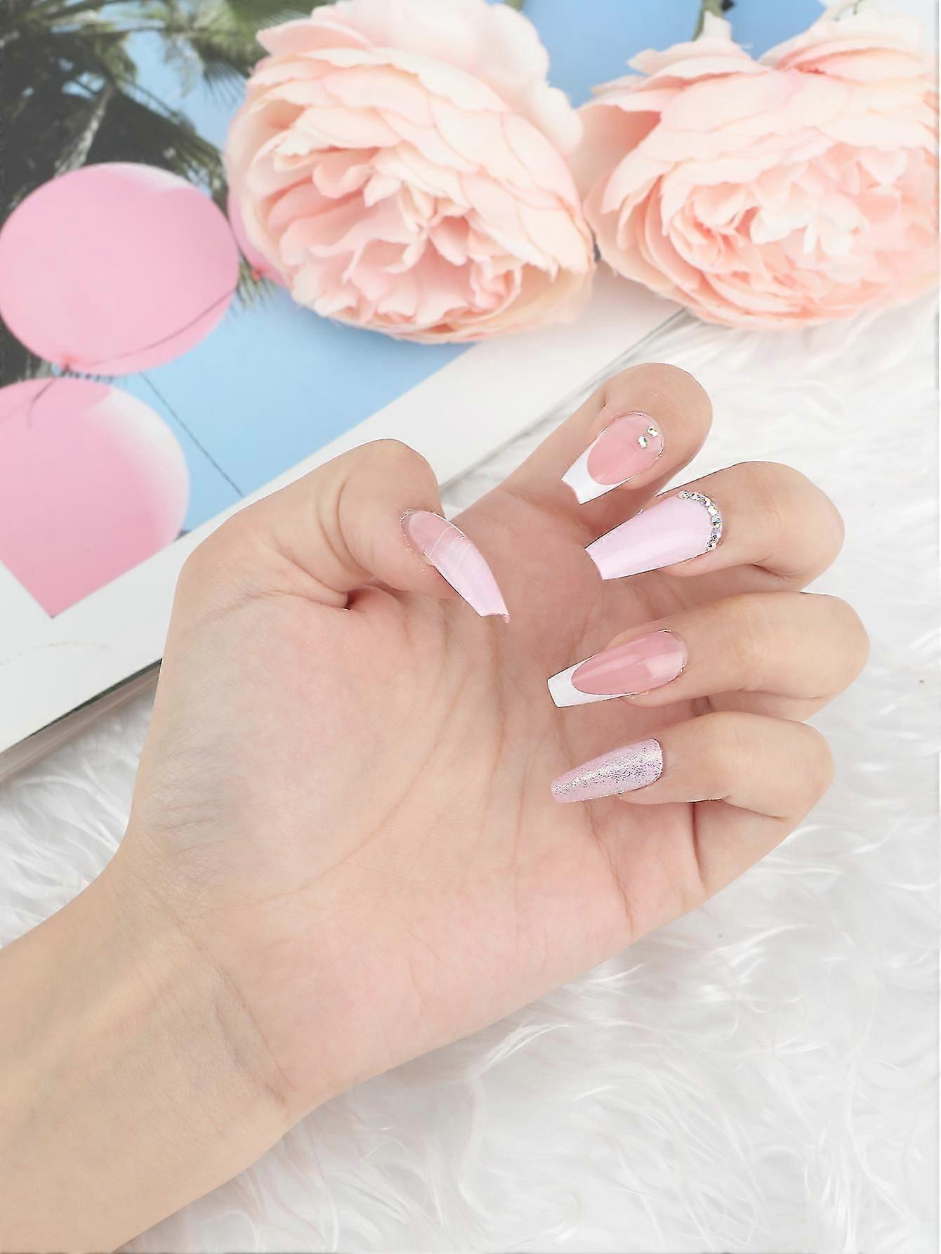 Diamond Pink Flash Powder Faux ongles Facile à appliquer et à enlever Facile à appliquer et à enlever Ongles Modèle de colle à gelée