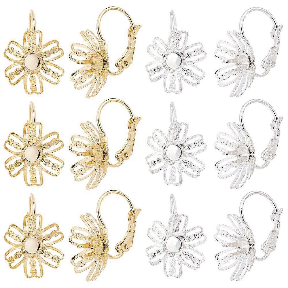 12pcs 2 Colors Flower Leverback Earring Findings Stainless Steel Earring Settings Rhinestone Lever Back Hook Earrings with Flower Tray 4mm