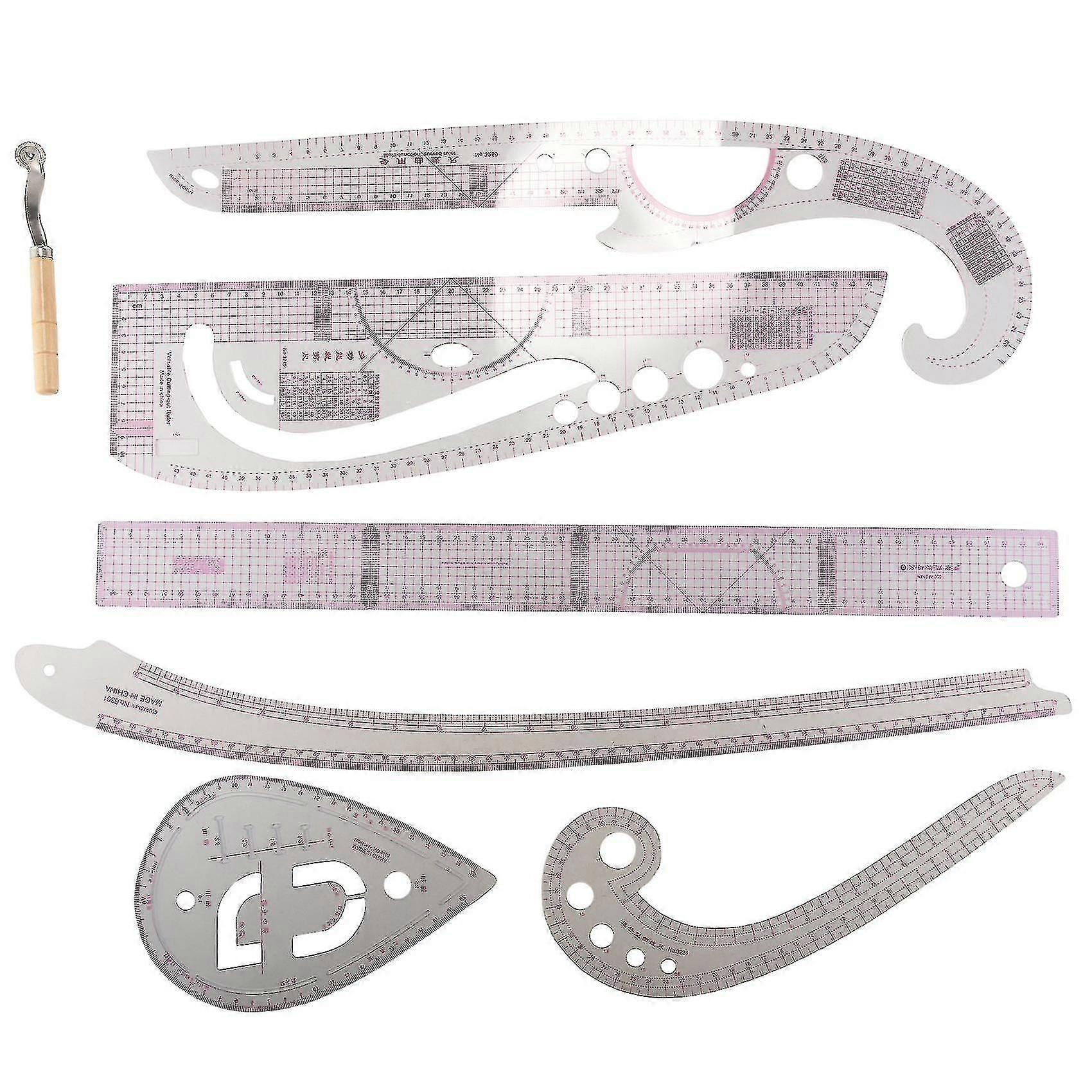7pcs/set Ruler Tailor Measuring Kit Clear Sewing Drawing Ruler Yardstick Sleeve Arm French Curve Set Cutting Ruler Paddle Wheel